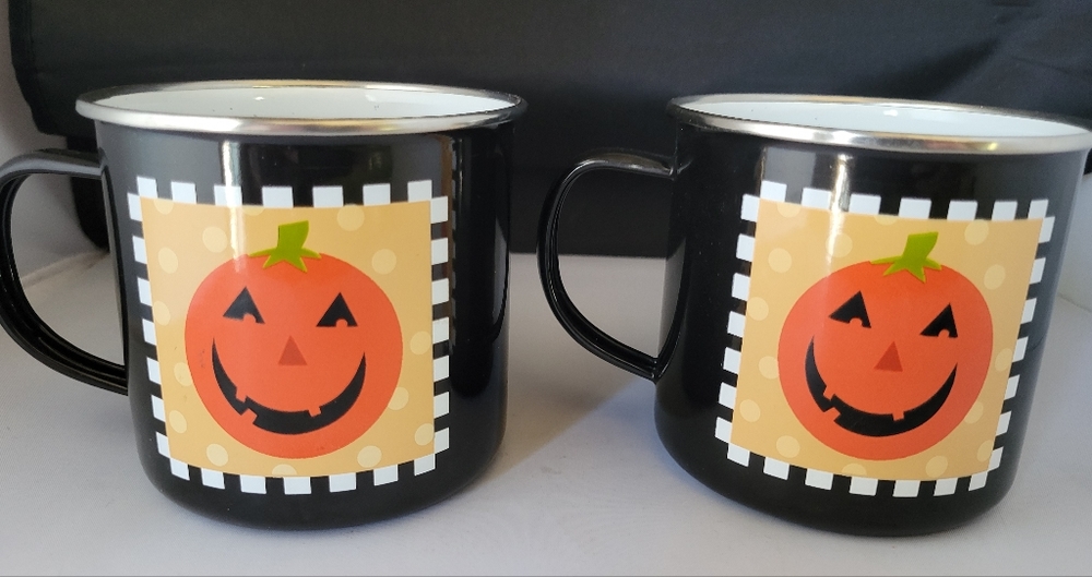 Two Vintage Halloween/ Fall Pumpkin Metal Mugs/Cups Holiday 🔥🌟BUNDLE AND SAVE
